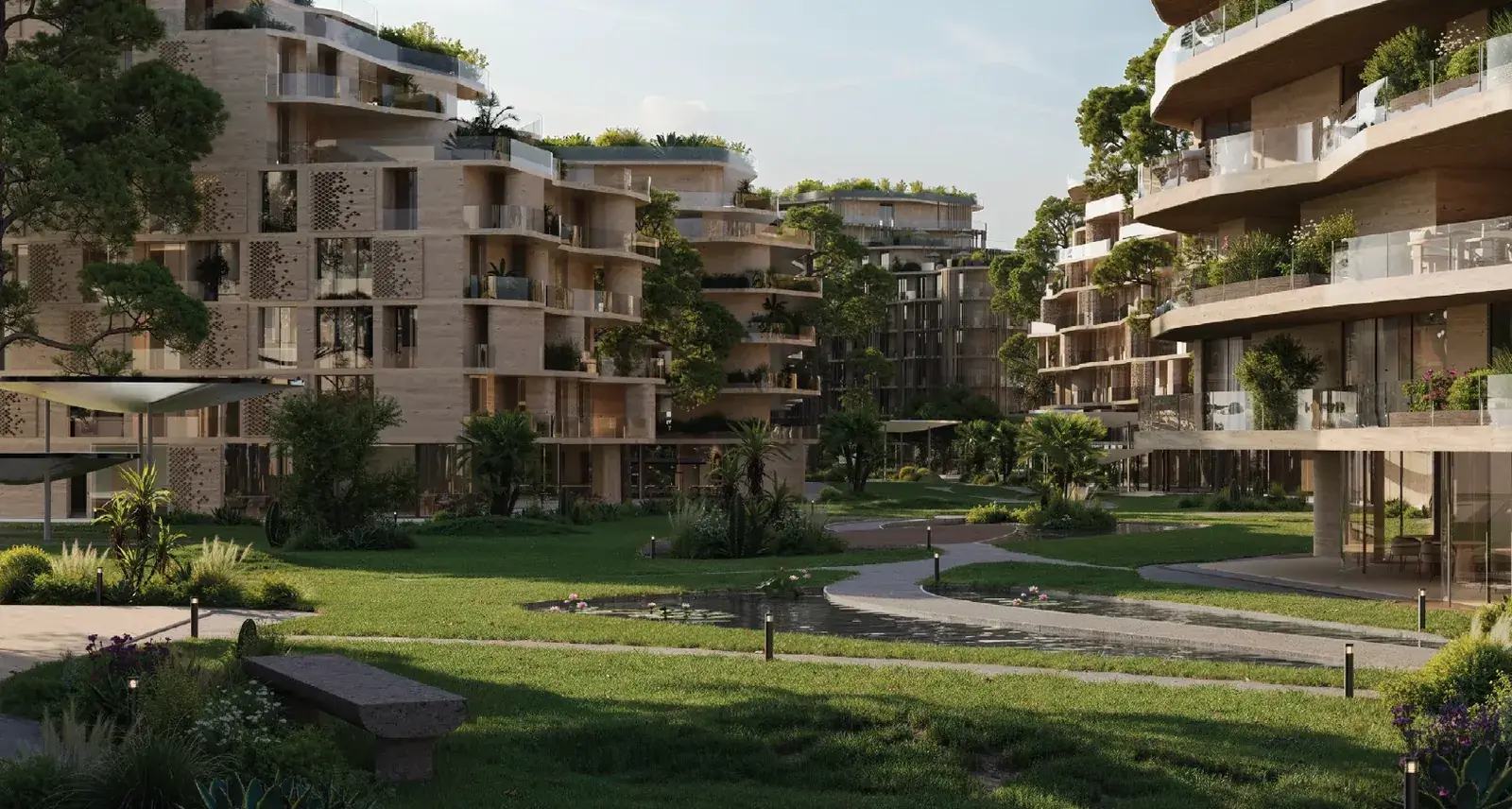 Landscaped courtyard between residential buildings